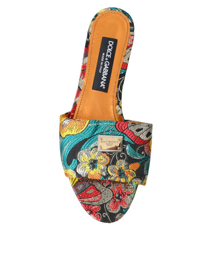 Dolce & Gabbana Multicolor Floral Brocade Logo Flats Sandals Shoes