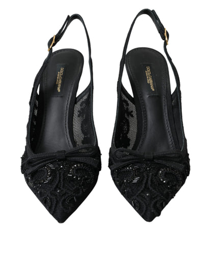 Dolce & Gabbana Black Tulle Ricamo Heels Slingbacks Shoes