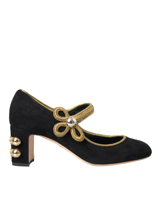 Dolce & Gabbana Black Suede Gold Mary Janes Heels Pumps Shoes