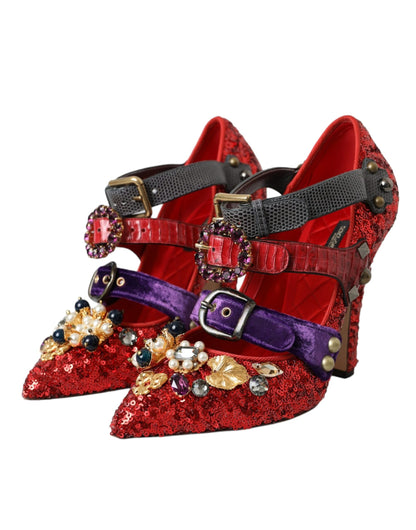 Dolce & Gabbana Red Sequined Crystal Mary Janes Pumps Shoes