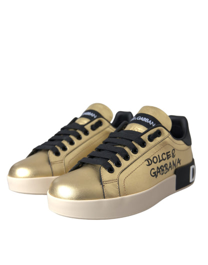 Dolce & Gabbana Gold Portofino Calf Leather Sneakers Women Shoes