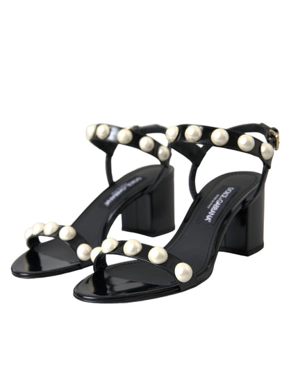 Dolce & Gabbana Black Leather Faux Pearl Heel Sandals Shoes