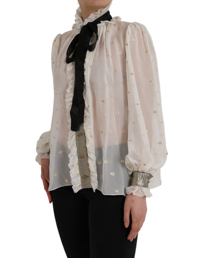 Dolce & Gabbana Off White Silk Blend Ascot Collar Blouse Top