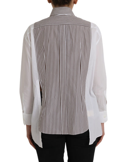 Dolce & Gabbana White Stripes Cotton Long Sleeves Ruffle Collar Top