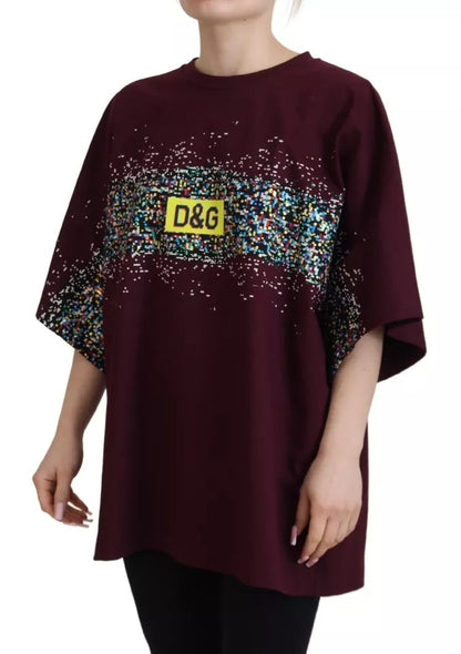 Dolce & Gabbana Bordeaux D&G Print Round Neck Cotton T-shirt