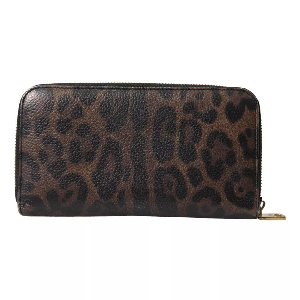 Dolce & Gabbana Brown Leopard Leather DG Zip Around Continental Wallet