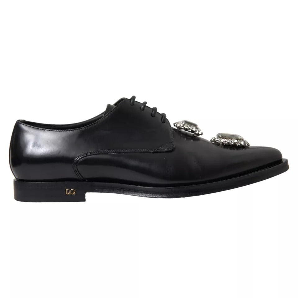 Dolce & Gabbana Black Leather Crystal Lace Up Formal Shoes