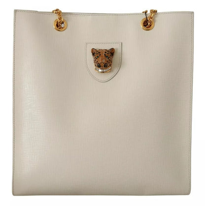 Dolce & Gabbana White Crystal Leopard Head Leather JUNGLE Tote Bag