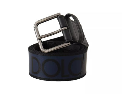 Dolce & Gabbana Blue Black Logo Print Silver Buckle Belt