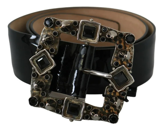 Dolce & Gabbana Black Shiny Leather Crystal Logo Buckle Belt