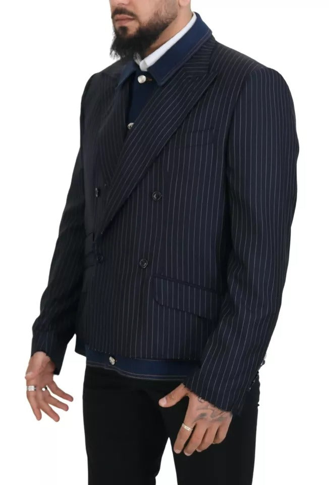 Dolce & Gabbana Blue Striped Double Breasted Denim Blazer