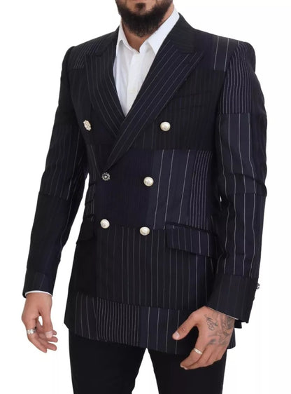 Dolce & Gabbana Blue Wool Patchwork Double Breasted Blazer