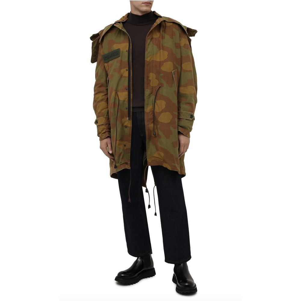 Dsquared² Camo Textured Hooded Parka with Leather Details