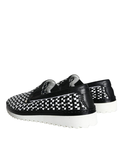 Dolce & Gabbana Black White Weaved Slip On Men Loafers Shoes