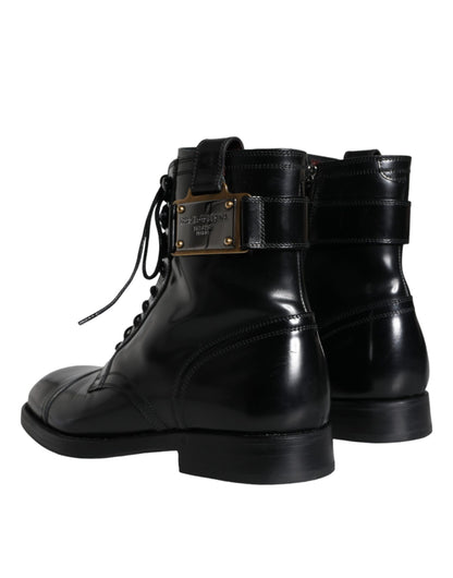 Dolce & Gabbana Black Logo Lace Up Mid Calf Men Boots Shoes