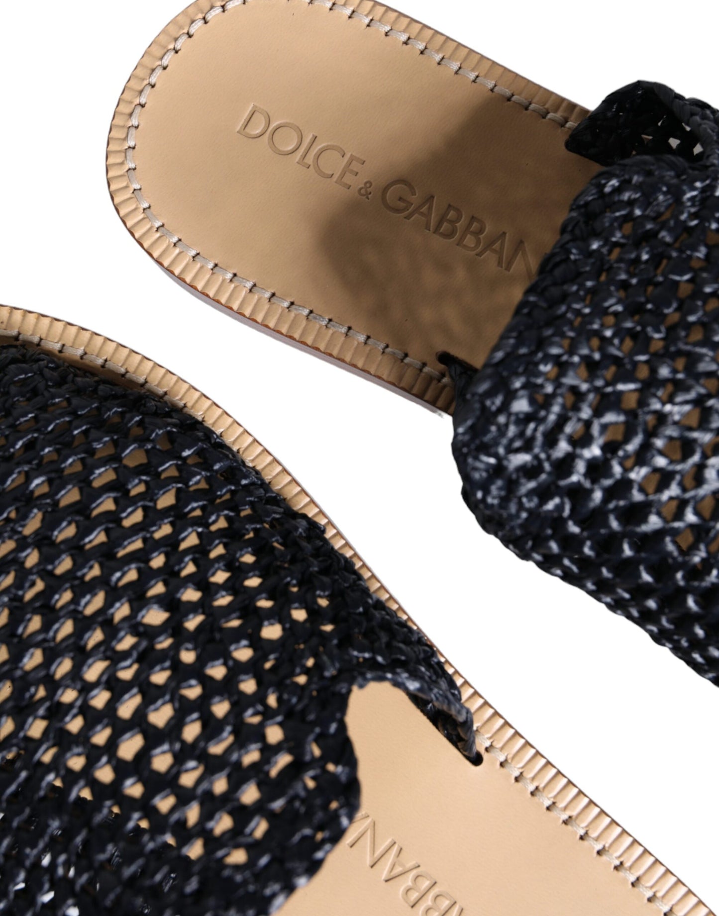 Dolce & Gabbana Black Monochrome Braided Raffia Slides Shoes