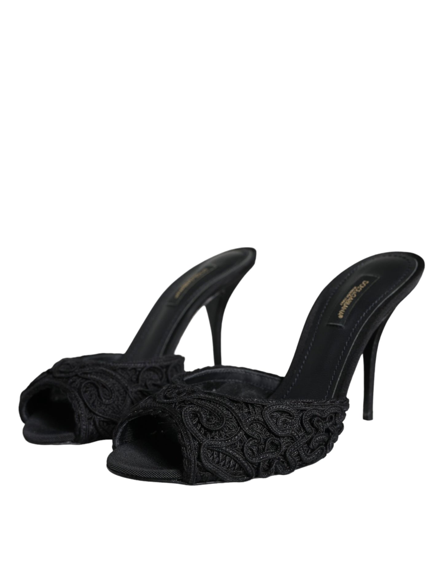 Dolce & Gabbana Black Keira Cordonetto Heels Slides Shoes