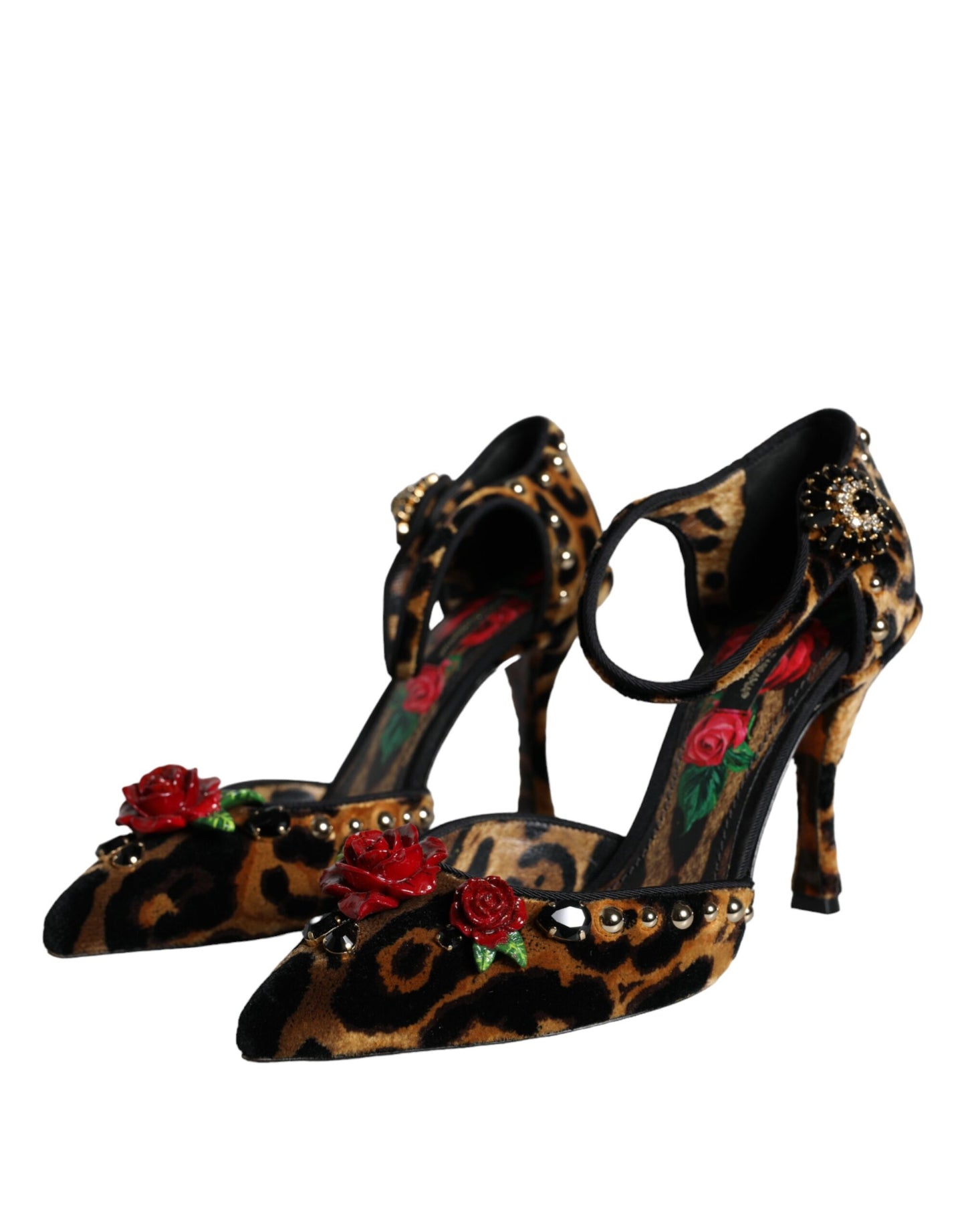 Dolce & Gabbana Brown Leopard Floral Crystal Ankle Strap Pumps Shoes