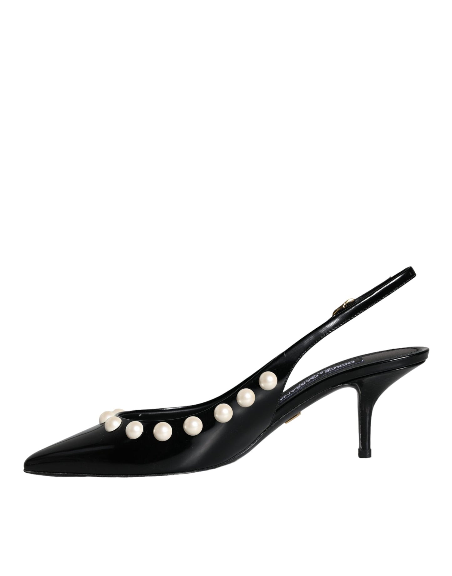 Dolce & Gabbana Black Leather Faux Pearl Heel Slingback Shoes