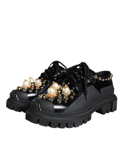 Dolce & Gabbana Black Leather Trekking Derby Embellished Shoes