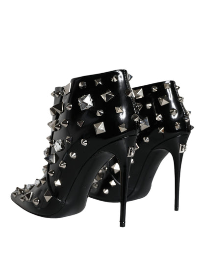 Dolce & Gabbana Black Leather Studs Crystal Ankle Boots Shoes