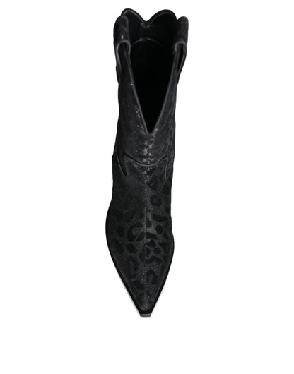 Dolce & Gabbana Black Gray Leopard Cowboy Boots Shoes