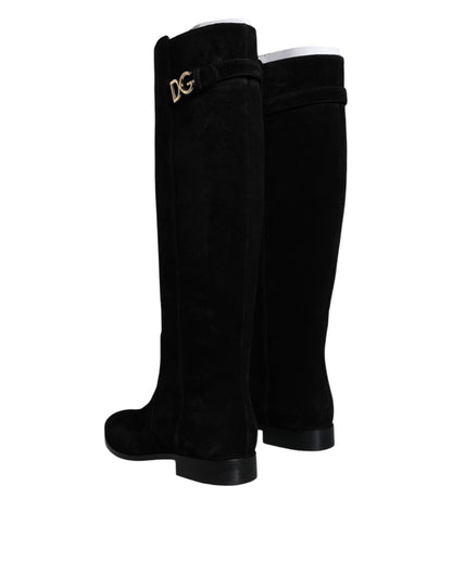 Dolce & Gabbana Black Suede Leather Knee High Boots Shoes