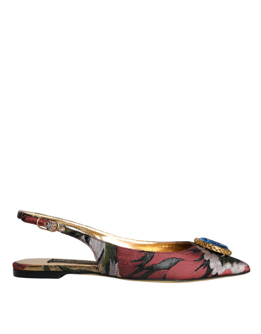 Dolce & Gabbana Multicolor Jacquard Crystal Flats Slingback Shoes