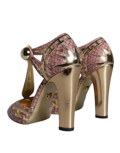 Dolce & Gabbana Pink Gold Leather Pumps T-strap Sandals Shoes