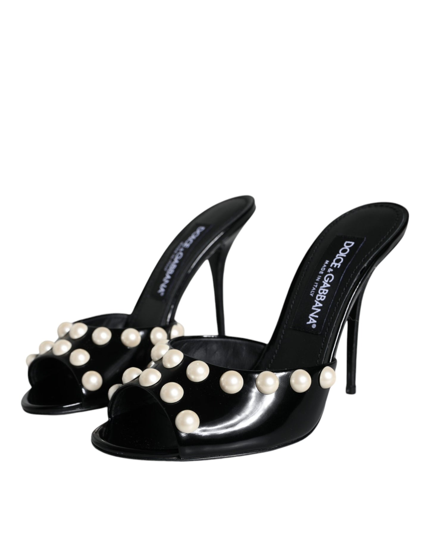 Dolce & Gabbana Black Leather Pearls Slides Sandals Shoes