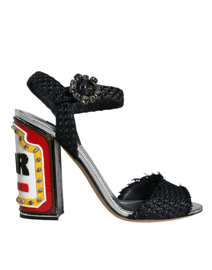 Dolce & Gabbana Black Silver Rafia Light Up Heels Sandals Shoes