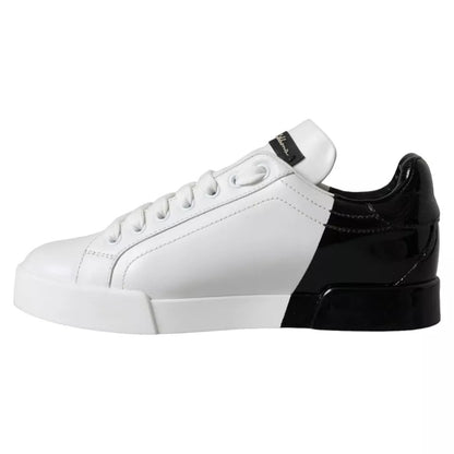 Dolce & Gabbana White Black Portofino Low Top Leather Sneakers Shoes