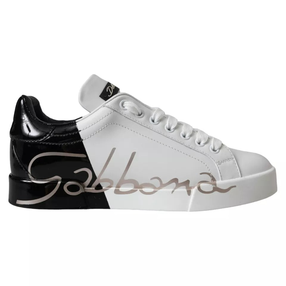 Dolce & Gabbana White Black Portofino Low Top Leather Sneakers Shoes