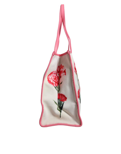 Dolce & Gabbana White Canvas Rose Embroidery Women Shopping Tote Bag