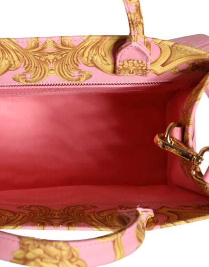 Versace Pink Yellow Baroque Fabric Leather Shopping Tote Bag