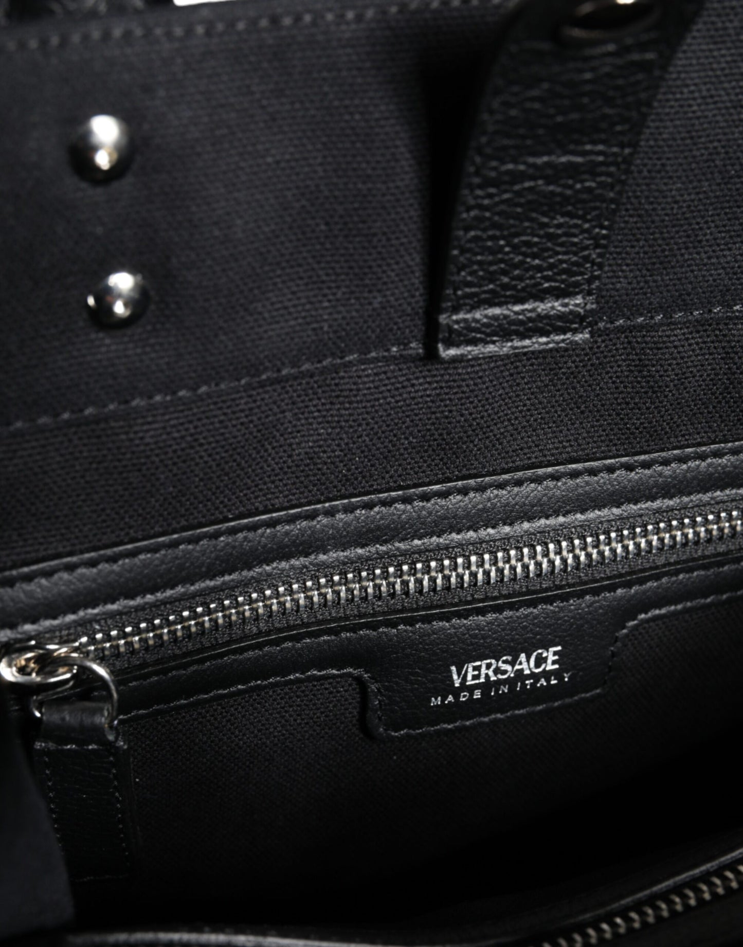 Versace Black Top Handle Canvas Leather Logo Crossbody Tote Bag