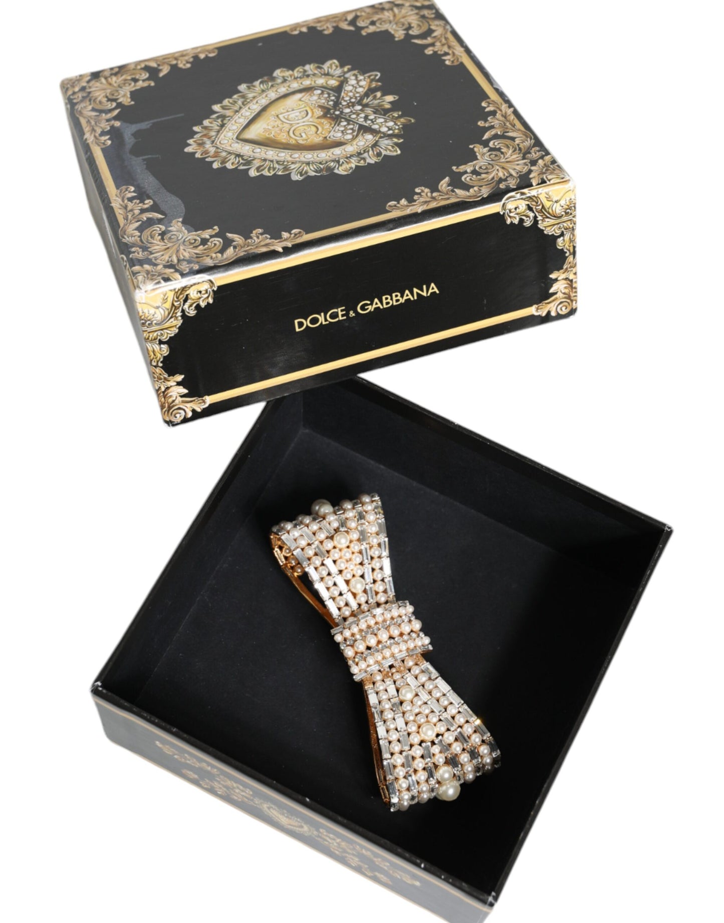 Dolce & Gabbana Gold Tone Brass Bow Crystal FauxPearl Embellished Brooch