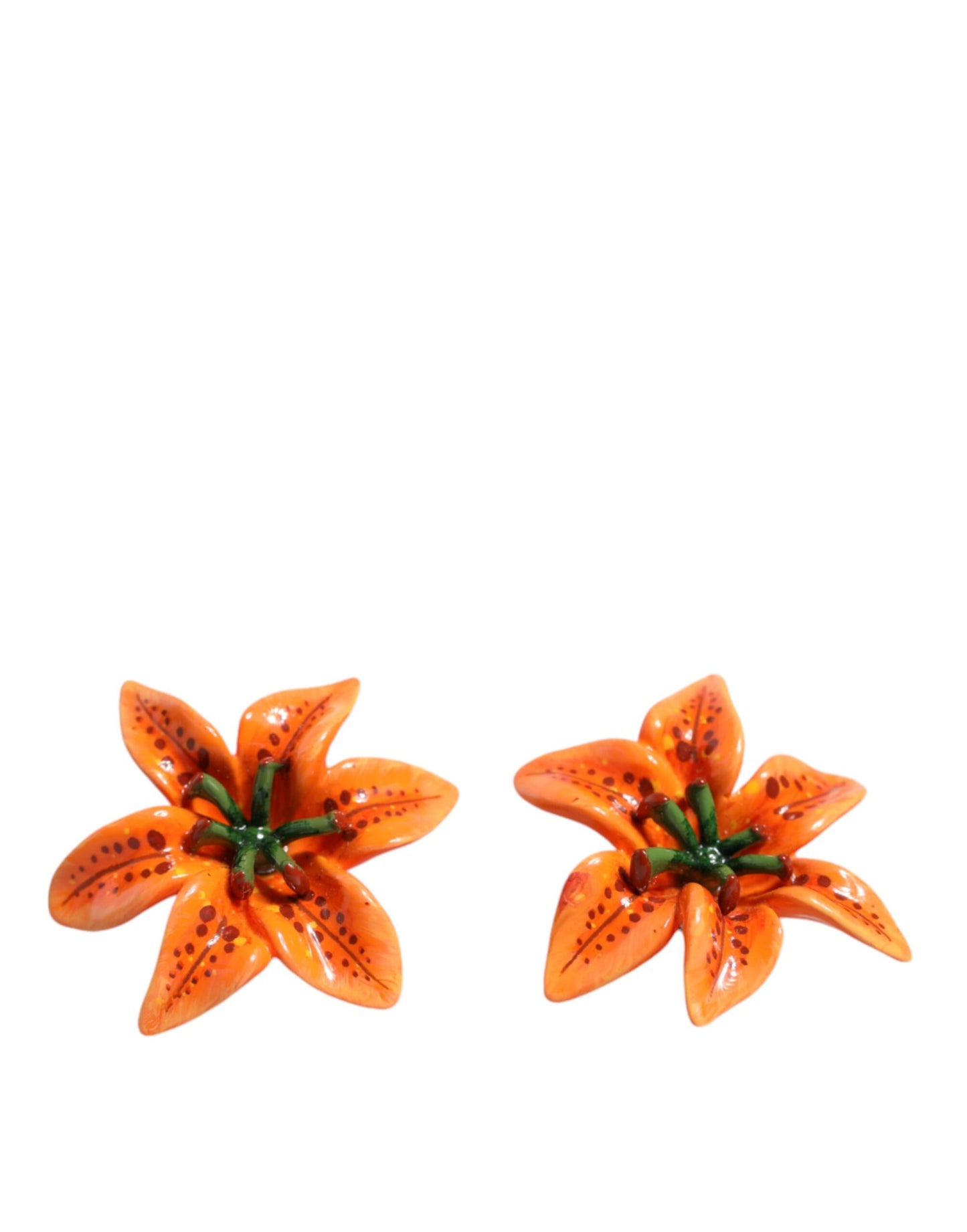 Dolce & Gabbana Orange Green Gold Brass Lily Flower Clip Floral Earrings