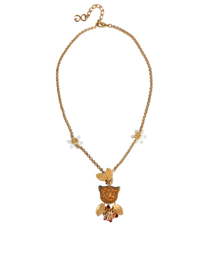 Dolce & Gabbana Gold Brass Leopard Flower Embellished Statement Necklace