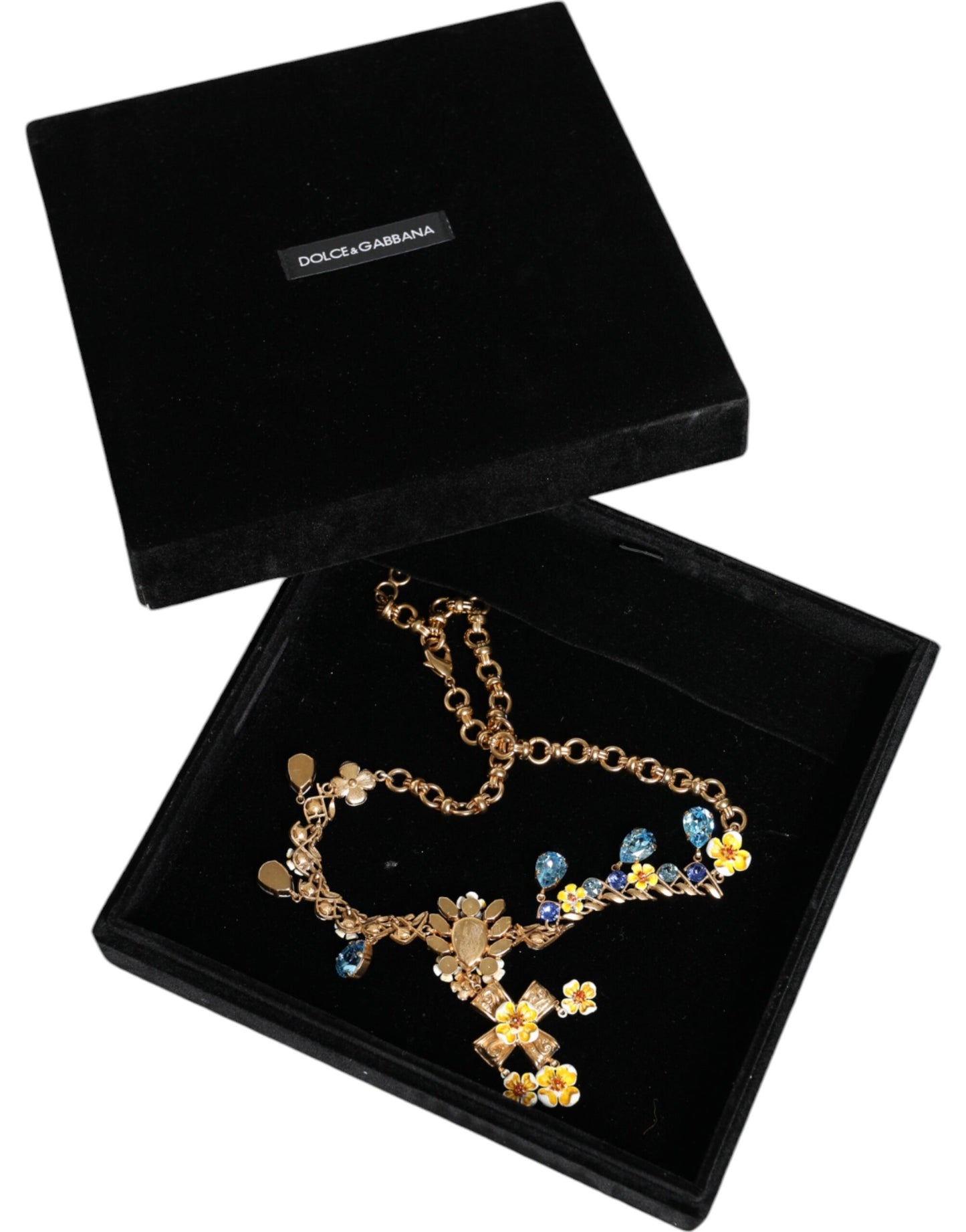 Dolce & Gabbana Gold Brass Chain Floral Crystal Cross Pendant Necklace