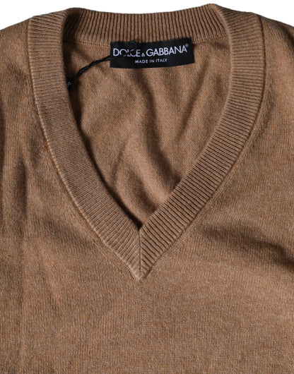 Dolce & Gabbana Brown Cashmere Knit V-neck Pullover Sweater