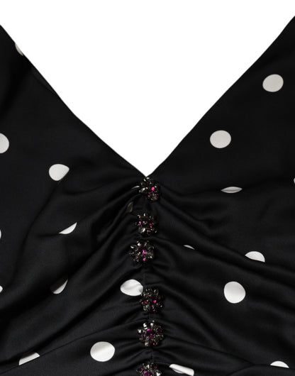 Dolce & Gabbana Black Silk Polka Dot V-neck Tassel Midi Dress