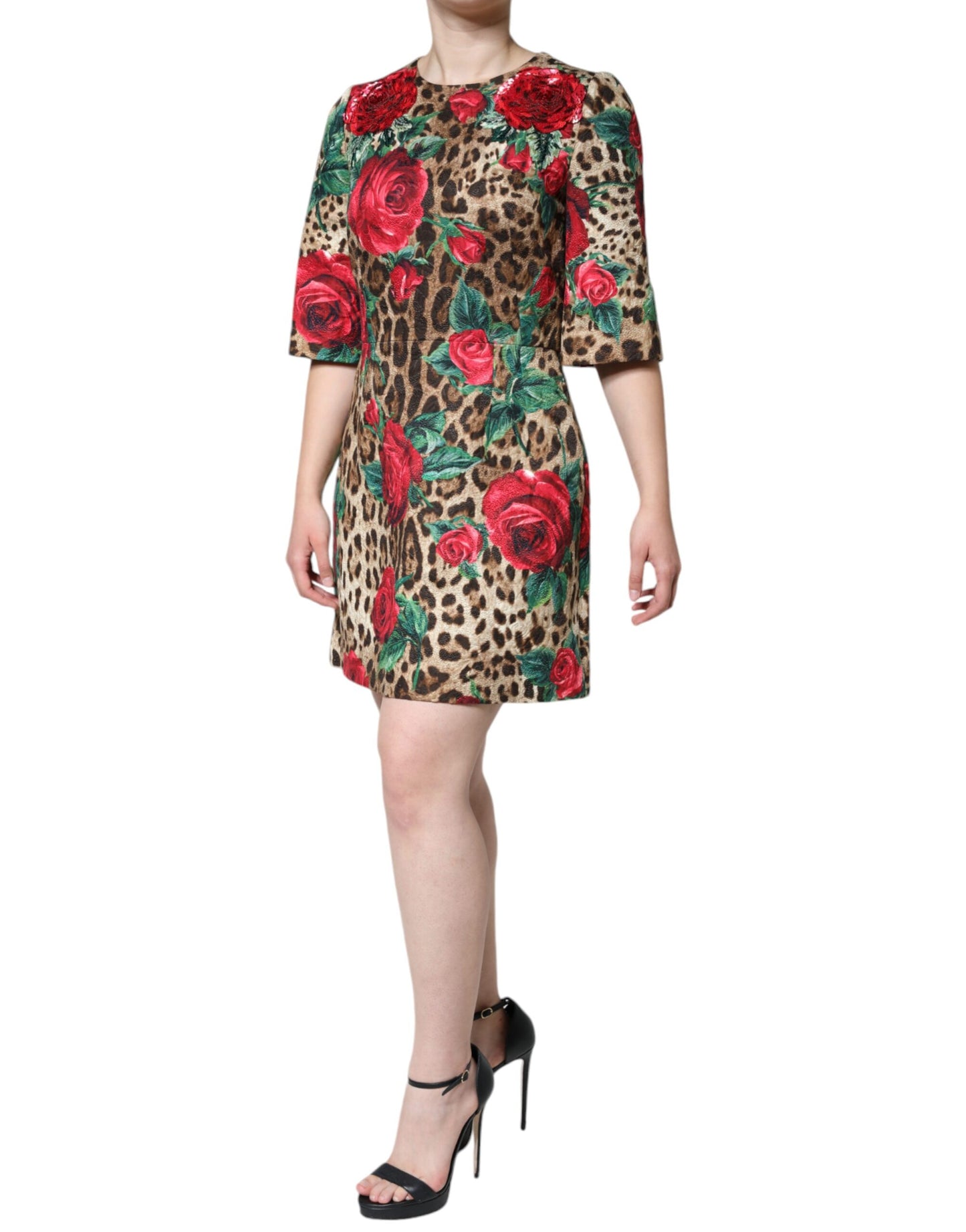 Dolce & Gabbana Brown Leopard Red Roses Cotton A-line Dress