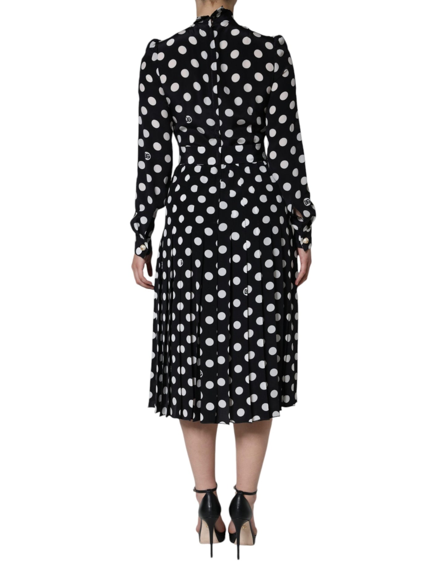 Dolce & Gabbana Black White Polka Dot Ascot Collar Midi Dress