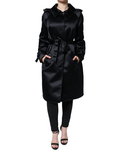 Dolce & Gabbana Black Polyester Organza Belted Coat Jacket