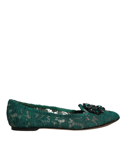 Dolce & Gabbana Green Lace Crystal Ballet Flats Loafers Shoes