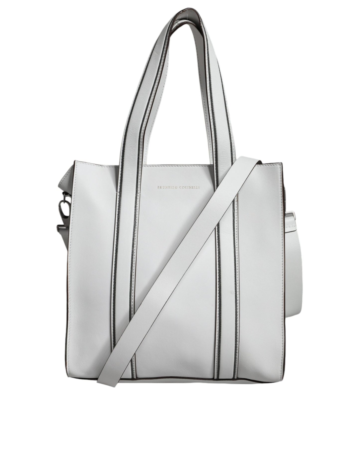 Brunello Cucinelli White Leather Logo Shoulder Strap Shopping Tote Bag