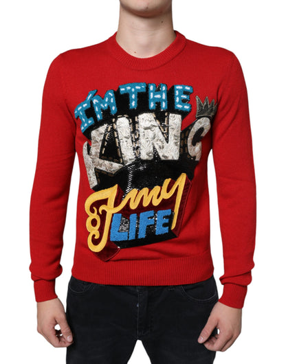 Dolce & Gabbana Red I'm The King Wool Crew Neck Sweatshirt Sweater