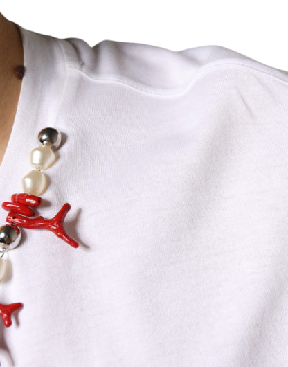 Dolce & Gabbana White Cotton Necklace Embellished T-shirt