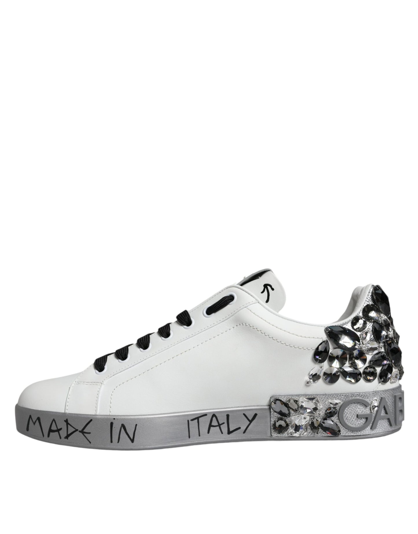 Dolce & Gabbana White Silver Crystal Logo Portofino Sneakers Shoes